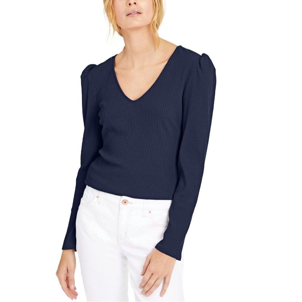 NEW INC INTERNATIONAL CONCEPTS Womens Navy Ribbed Puff Sleeve Top V-Neck Size XL - Picture 1 of 10